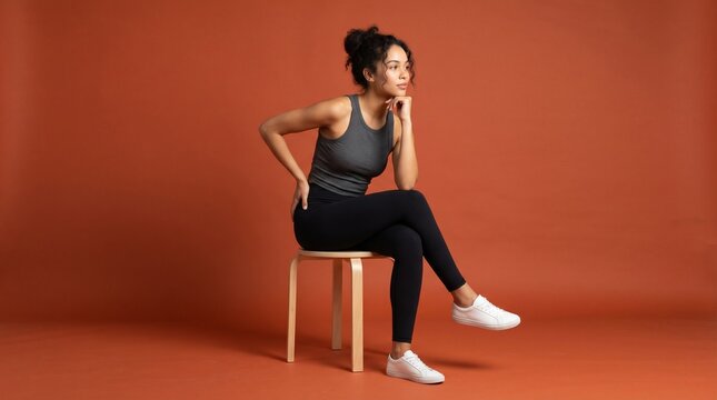 Woman in athletic wear sitting on a chair with a thoughtful expression and casual pose