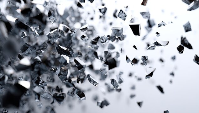 A dynamic and abstract image showcases a cascade of shattered fragments suspended in mid-air, creating a visually striking and chaotic composition.