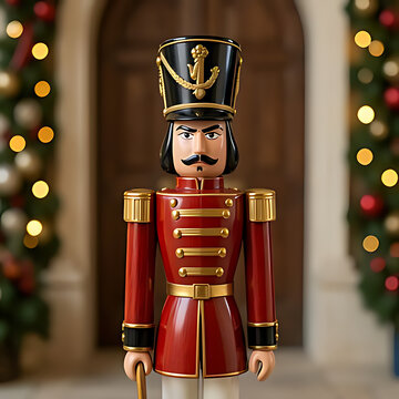 classic Nutcracker soldier toy standing guard in front of a palace door, detailed wooden uniform with gold buttons, tall shako hat, fierce painted face, blurred festive bokeh background, photorealisti