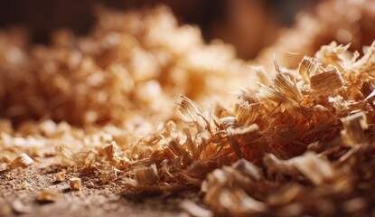 Fototapeta premium A close-up shot reveals a textured surface of wood shavings, bathed in warm light, showcasing the intricate details of woodworking.
