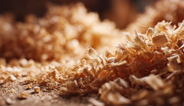 A close-up shot reveals a textured surface of wood shavings, bathed in warm light, showcasing the intricate details of woodworking.