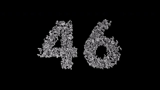 Number 46 Formed by Small Digits Animation with Alpha Channel. Typographic Number Formation Effect. Digital Number Made of Numbers. 3D Font Typographic Animation. Transparent Background