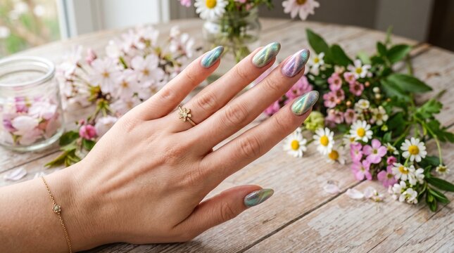 Woman's hand with shiny nails and jewelry on a wooden table with flowers