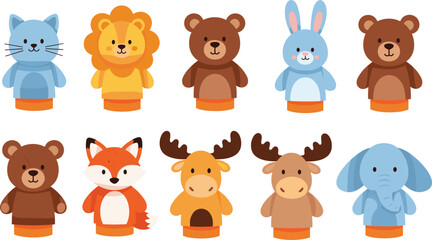 Obraz premium Cute Animal Hand Puppet Set Featuring Cat, Lion, Bear, Rabbit, Fox, Moose, and Elephant for Kids Education and Play Design