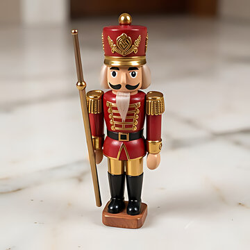 classic Nutcracker soldier toy standing guard in front of a palace door, detailed wooden uniform with gold buttons, tall shako hat, fierce painted face, blurred festive bokeh background, photorealisti