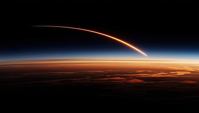 A luminous arc streaks across Earth's upper atmosphere, illuminated by the warm glow of sunset or sunrise, showcasing the planet's majestic curvature and layered sky.