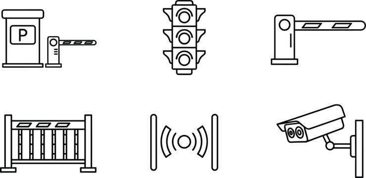 Parking and Security Control Icon Set Featuring Barrier Gates, CCTV Camera, Traffic Light, and Access Control Systems for Smart City Design