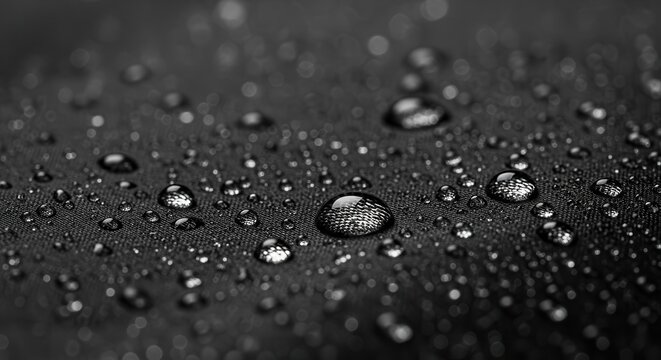 Raindrops rest upon a dark textured waterproof fabric surface.