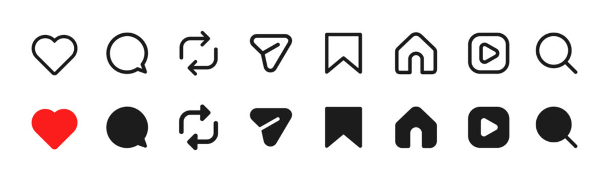 Instagram notification icon set including symbols of home, like, comment, search, repost, reply, share and save, social network post reactions