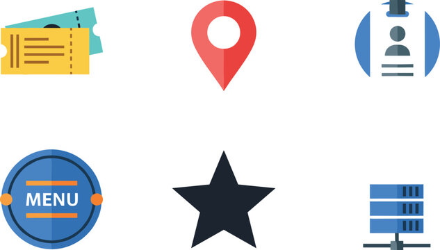 Flat Icon Set with Event Tickets, Location Pin, ID Badge, Menu Button, Star, and Server Rack Illustrations for Business, Travel, and Digital Interface Editable Vector Designs