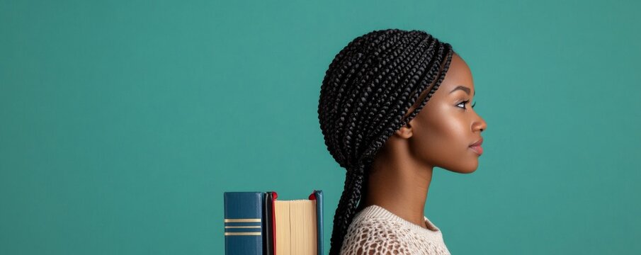 Profile of young Black woman with box braids, carrying books on her back, looking forward against teal background. Represents education, knowledge and ambition. Student, Learning