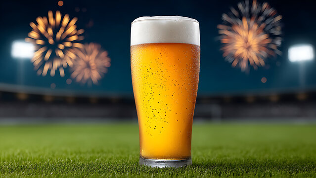 A refreshing glass of golden beer with foam is served in the middle of the green stadium field at night.