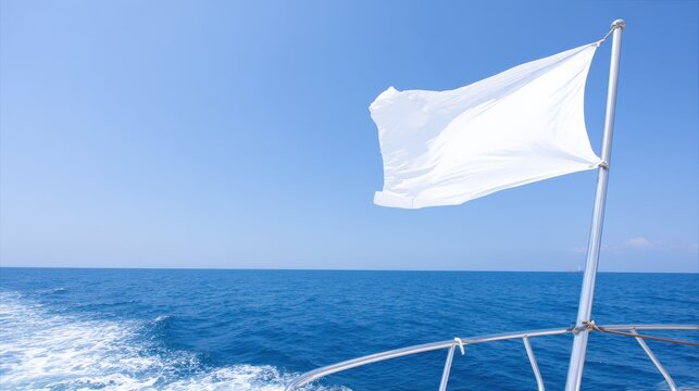 A blank flag fluttering in the wind on the back of a sailing yacht, deep blue sea background