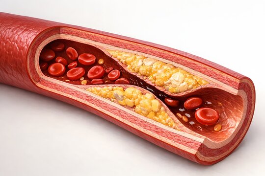 Detailed medical illustration showing narrowing of a coronary artery caused by plaque accumulation, representing angina pectoris and reduced blood flow to the heart.