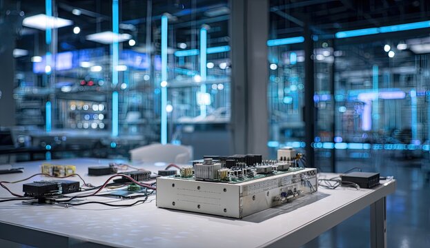A complex electronic device sits on a laboratory table, illuminated by the soft blue glow of a modern industrial setting, suggesting advanced technological research and development.