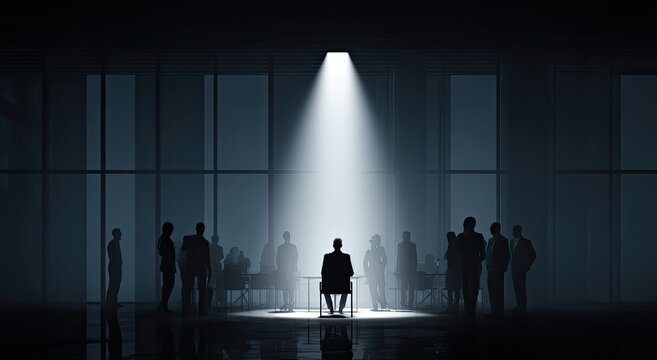 A solitary figure sits illuminated in a spotlight, surrounded by a crowd of silhouetted individuals in a modern, expansive interior space.
