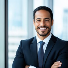 Fototapeta premium Smiling confident bearded executive in dark suit, arms crossed against a bright office window, embodying professional leadership. Business, Corporate