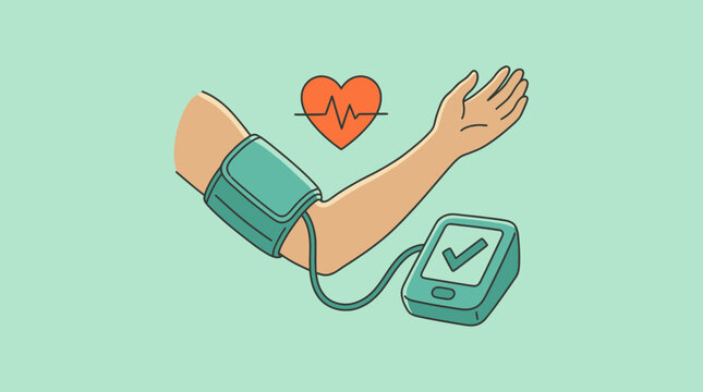 Illustration of a human arm with digital blood pressure monitor cuff and heart pulse icon on green background, concept for employee wellness, health insurance and professional medical exam