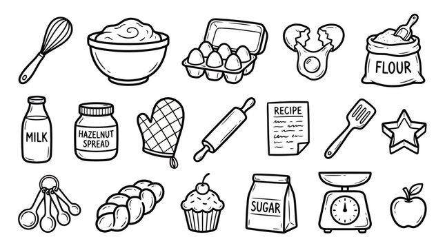 Set of hand drawn baking ingredient icons such as flour whisk eggs and kitchen tools on white background, concept for culinary recipe blog, bakery branding and homemade food menu design