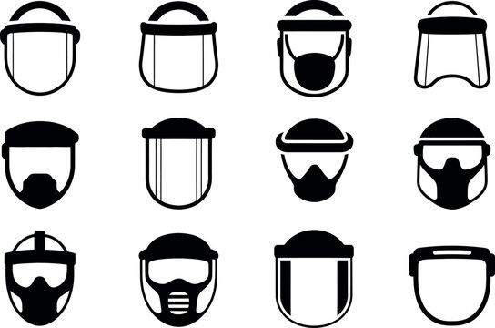 Collection of diverse protective face shield and mask icons for personal safety applications