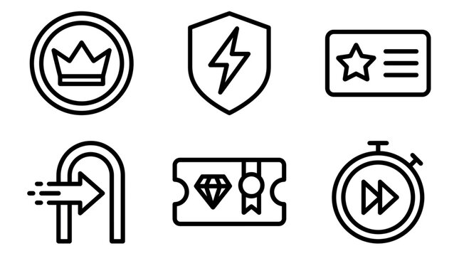 Set of professional linear black line icons featuring crown shield lightning member card return arrow diamond coupon and fast timer, concept for loyalty rewards, identity and promotion