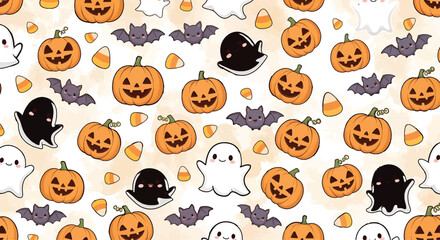 Fototapeta premium Pumpkins and ghosts pattern features a repeating motif of smiling jack-o-lanterns and cute specters on a light background.