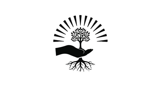 Hand cradles a growing tree with radiant sunbeams to symbolize environmental protection and care.