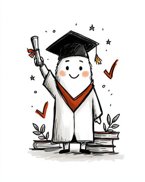 Academic Egghead's Graduation Glory: A whimsical egg character, adorned in graduation attire, clutches a diploma while surrounded by literary symbols.