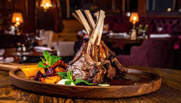 Juicy Rack of Lamb Chops Perfectly Grilled Served with Mint Sauce and Roasted Vegetables on a Wooden Plate
