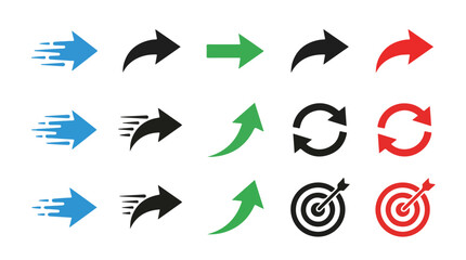 Set of directional arrows, targets, and curved cycle icons for UI design © MdDulal