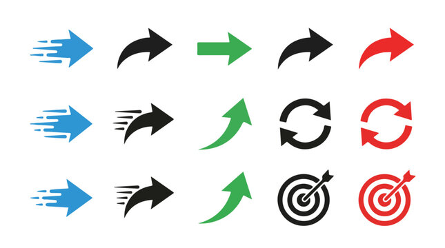 Set of directional arrows, targets, and curved cycle icons for UI design