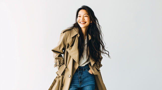 A smiling woman wearing a trench coat and jeans stands with her hands in her pockets