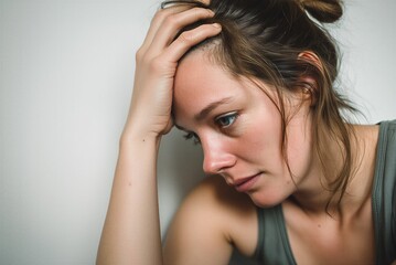 Fototapeta premium Stressed woman holding head, overthinking and anxiety, mental health concept 