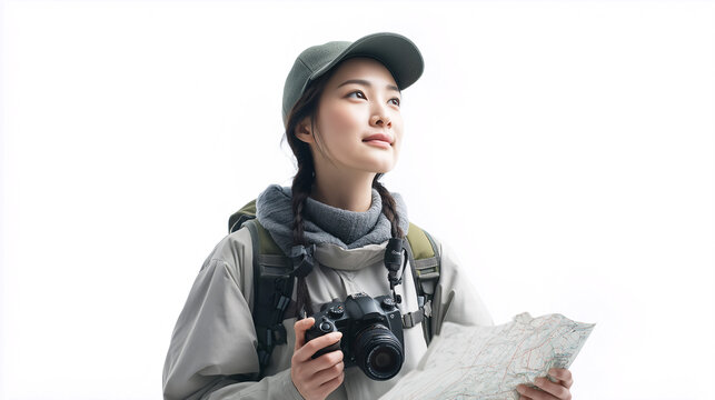 A young woman wearing a cap and backpack holds a camera and a map while looking thoughtfully into the distance