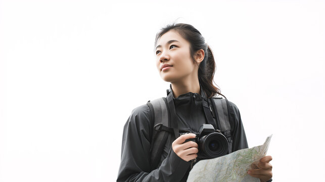A young explorer holds a camera and a map looking thoughtfully into the distance on a bright day