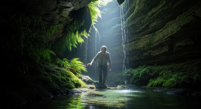 Man explores a hidden grotto filled with lush greenery and a gentle waterfall.
