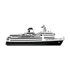 Fototapeta premium Large Passenger Ferry Boat Isolated on White Background Monochrome Silhouette Profile View Design