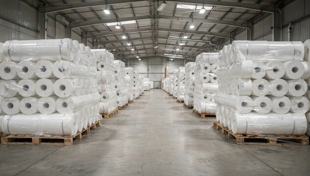 Medium shot of stretchwrapped paper rolls neatly stacked on pallets in a spacious warehouse highlighting secure packaging and organized storage before shipment.