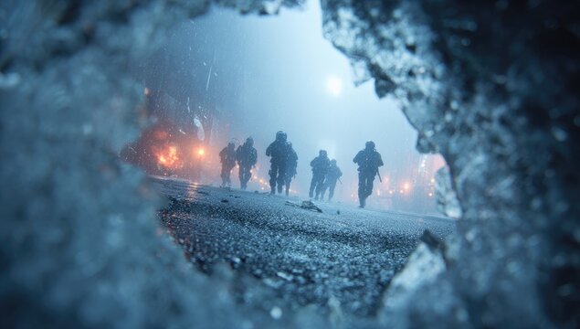 A group of figures in tactical gear rapidly move through a dimly lit, icy environment, framed by a jagged ice formation, creating a sense of urgency and cold.