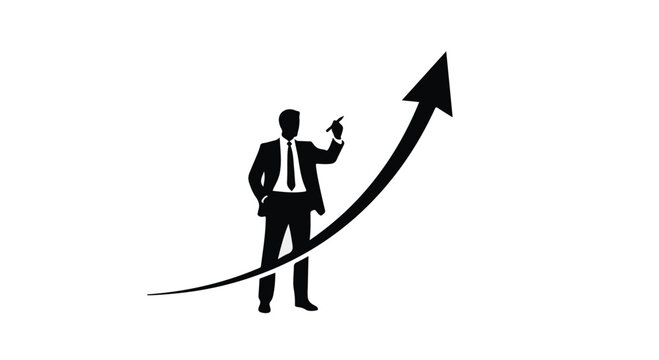 Businessman stands beside an upward pointing growth arrow to symbolize financial success and development.