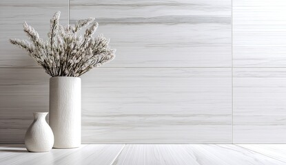 Fototapeta premium A minimalist interior scene showcases a tall white vase filled with dried flowers alongside a smaller vase, set against a backdrop of textured, light-colored wall tiles and a polished floor.