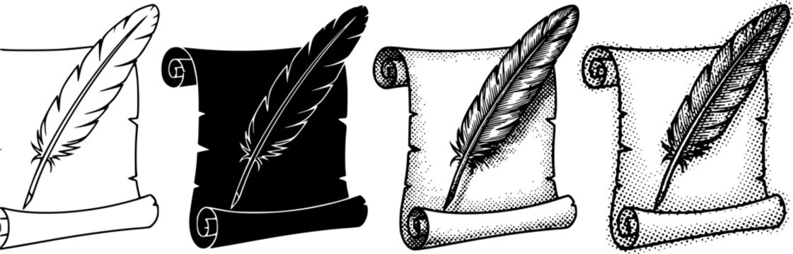 Set of four quill pens on paper scrolls presented in various artistic styles like simple outline, black silhouette, detailed engraving, and halftone dotwork See Less
