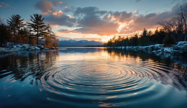 Serene Lake at Sunset with Ripples and Dramatic Sky.