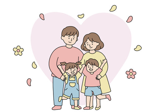 Family Love Illustration with Parents and Two Kids