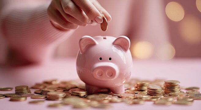 Close-up of a hand dropping a coin into a pink piggy bank surrounded by coins.