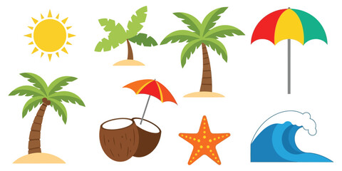 Obraz premium Tropical beach elements sun palm trees parasols and ocean waves