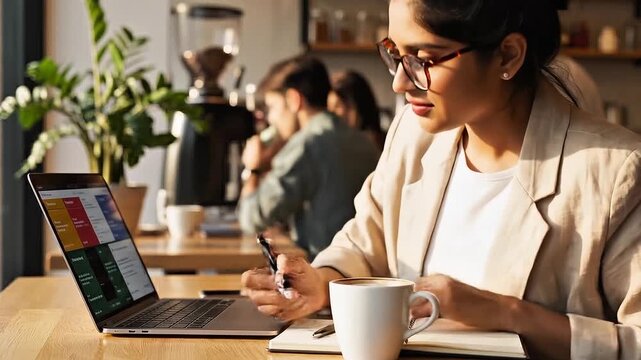Freelancer working with laptop and notebook in coffee shop