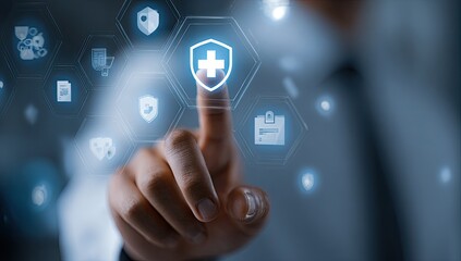 Fototapeta premium A close-up shot depicts a finger interacting with a digital interface displaying healthcare icons, symbolizing protection and medical technology.