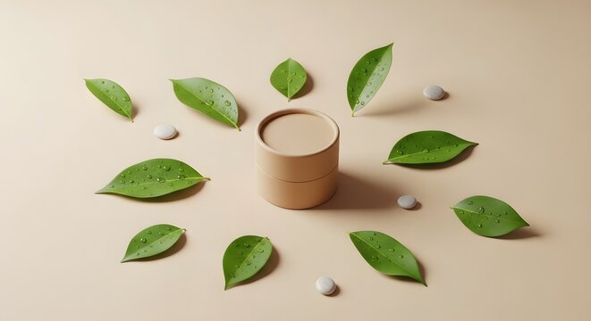 Eco-friendly matcha latte in cup with fresh green tea leaves on beige background