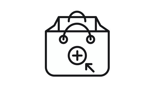 Minimalist black line art vector icon illustration of a shopping bag with a cursor arrow pointing to a circular button, representing online shopping, e-commerce, digital retail, and add to cart.